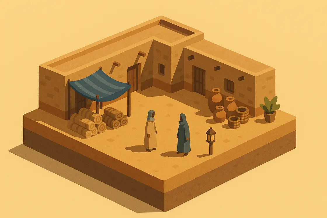 A caravanserai courtyard from Act 1: mudbrick walls, an indigo awning, stacked carpets and two caravan figures on an isometric diorama slab.